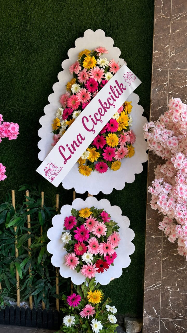 Renkli gerbera çift katlı düğün ve açılış çelengi